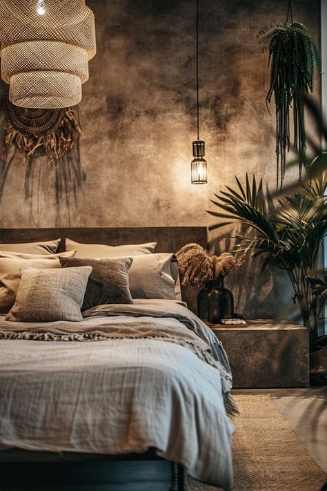 In recent years, the combination of modern and rustic decor styles has gained significant popularity. This unlikely pairing brings together the sleek ... Modern Bohemian Bedroom, Earthy Bedroom, Modern Rustic Decor, Sanctuary Bedroom, Bohemian Bedroom Decor, Boho Bedroom Decor, Bohemian Bedroom, Dreamy Bedrooms, Styl Boho