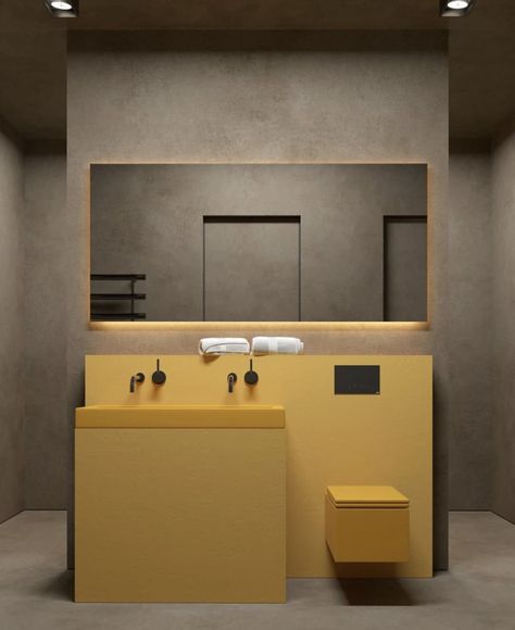 Minimal Interior Design, Yellow Bathroom, Modern Sink, Bad Inspiration, Yellow Interior, Mirror On The Wall, Yellow Bathrooms, Toilet Design, Trendy Bathroom