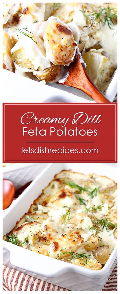 Creamy Dill Feta Potatoes Recipe -- Diced potatoes are baked in a savory mixture of cream cheese and feta, then finished off with fresh dill and a bit of lemon juice in this holiday worthy side dish. Feta Cheese Potatoes, Potatoes With Feta Cheese, Feta Potatoes, Greek Side Dishes, Cream Cheese Potatoes, Breakfast Bread Recipes, 2024 Recipes, Easy Potato Recipes, Dish Ideas