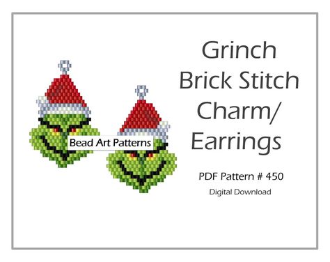 Beaded Earrings Brick Stitch, Beaded Christmas Earrings, Grinch Earrings, Christmas Tree Beads, Rhinestone Designs Pattern, Christmas Beading, Holiday Beading, Seed Bead Pattern, Earring Kit