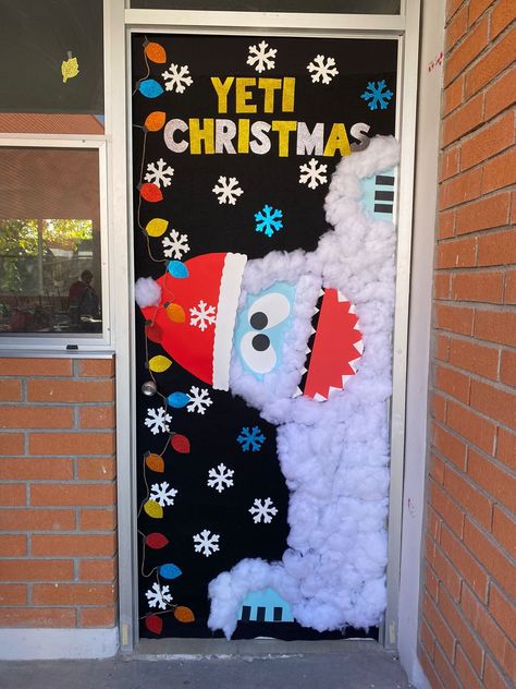 Christmas Doors Decorated, School Winter Door Decorating Contest, Yeti For Christmas Door, Christmas Door Decorations Winter Wonderland, Best Christmas Classroom Doors, Happy Holidays Door Decorations, Christmas Door Decoration For Classroom, Christmas Door Decorating Contest Nursing Home, Christmas Classroom Door Funny