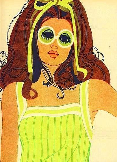 1960s Illustration, A Woman, 1960s, Yellow, Green, Hair, Art