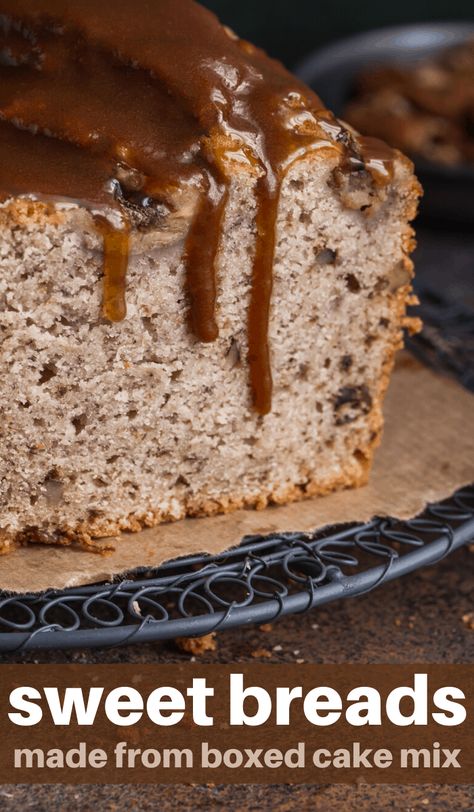 Breads Using Cake Mixes, Apple Bread From Box Cake, Box Cake Mix Bread Recipes, Breads From Cake Mixes, Loaf Recipes Using Cake Mix Boxes, Cake Mix Mini Loaves, Box Cake Mix In Loaf Pan, Cake Mix Sweet Breads, Cake Mix Mini Loaf Cakes