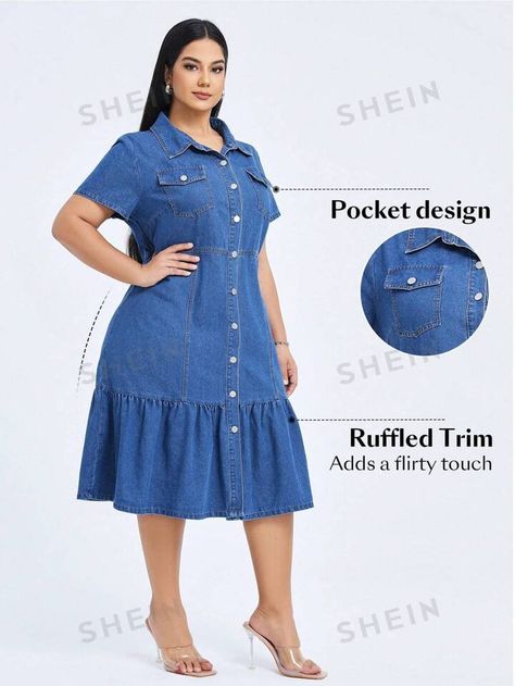 SHEIN Plus Size Summer Casual Denim Shirt Dress With Front Buttons | SHEIN USA Simple Dress Styles, Summer Fashion Dresses Casual, Vestidos Jeans, Casual Denim Shirt, Plus Size Summer Casual, Short Sleeve Denim, Elegant Outfit Classy, Plus Size Denim, Denim Dresses