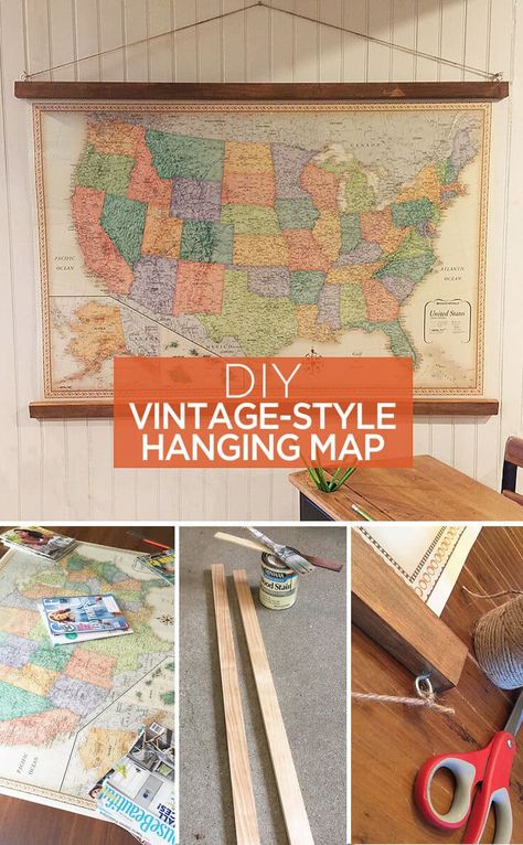 DIY vintage-style hanging map - great ideas to use as home decor or wall art for a home office or kids playroom. This would work great in a classroom or school too. Diy Home Decor For Apartments, Easy Diy Decor, Dekor Diy, Homeschool Room, Traditional Interior Design, Map Decor, School Room, Decor Guide, Vintage Diy