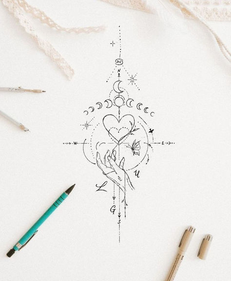 Drawing Of Moon, Hand And Butterfly, Heart Line Drawing, Feminine Compass Tattoo, Small Tattoo Design, A Small Tattoo, Arrow Tattoos For Women, Small Butterfly Tattoo, Beautiful Tattoo