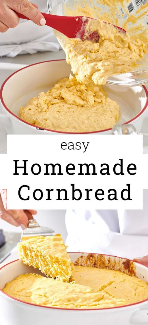 Easy Homemade Cornbread / This simple cornbread takes all of 10 minutes to get into the oven, and it makes any meal just that much better. How To Make Homemade Cornbread, Cornbread Recipes Homemade, Easy Cornbread Recipe Simple, Maseca Cornbread, Simple Cornbread Recipe, Cornbread Recipe Easy, Basic Cornbread Recipe, Cornbread Recipe From Scratch, Simple Cornbread