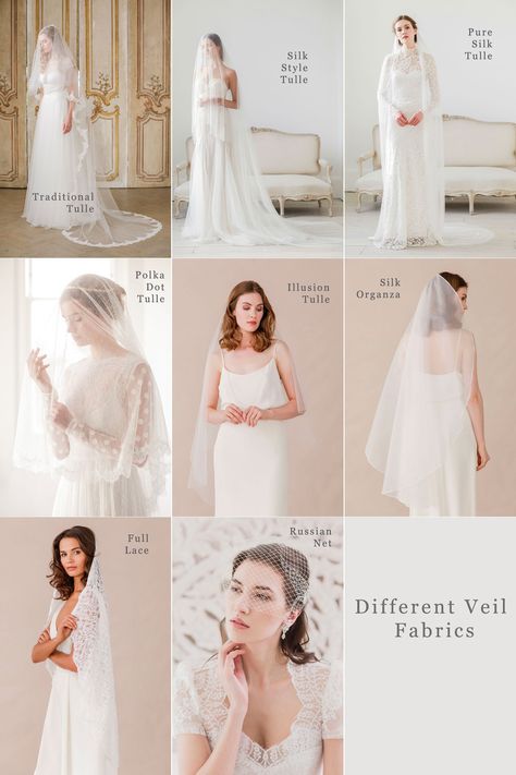 What are the different veil fabrics available? Veil Material Fabrics, Bridal Veil Styles, Hair Veil Wedding, Wedding 101, Fashion Infographic, Bridal Hair Veil, Bridal Tiaras, Bridal Tips, Veil Styles