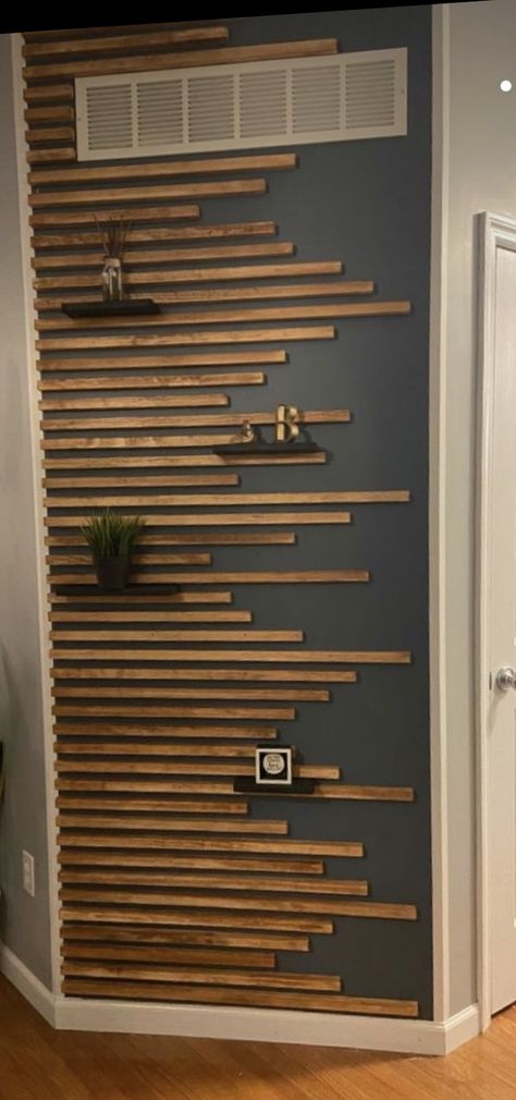 Backyard Fence Design, Home Wall Design, Wooden Accent Wall, Front Wall Design, Wood Wall Design, Diy Gallery Wall, Wall Paneling Diy, Wood Slat Wall, Home Decor Aesthetic