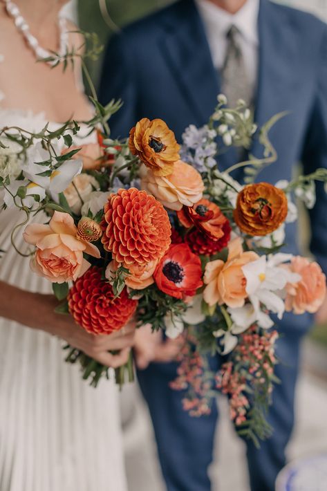 Bright Autumn Bouquet, Bright Autumn Wedding Flowers, Terracota Boutonniere, Fall Wedding Flowers October Blue, Fall Jewel Tone Wedding Flowers, Orange And Red Wedding Flowers, Fall Dahlia Bouquet, Mums Wedding Flowers, Fall Wedding Flowers October