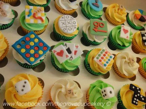 Cupcakes: Retro board games themed mini cupcakes. Handmade sugarpaste decorations; jenga, connect four, scrabble, battleship, chess, trivial pursuit, monopoly, dice, noughts  crosses, playing cards  snakes and ladders. www.facebook.com/thegrovecupcakery Controller Cupcake Cake, Monopoly Drinking Game, Night Out Games, Drinking Games For 3, Girls Night Out Games, Bachelorette Drinking Games, Game Night Snacks, Savory Cupcakes, Game Night Food