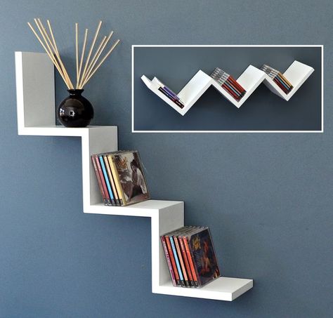 Wall Shelf Lounge Zig Zag Design Retro CD DVD Rack White New Corner Shelf Ideas, Ceiling Classic, Creative Bookshelves, False Ceiling Living Room, Home Decor Shelves, Regal Design, Wall Shelf Decor, Wall Shelves Design, Bookshelf Design