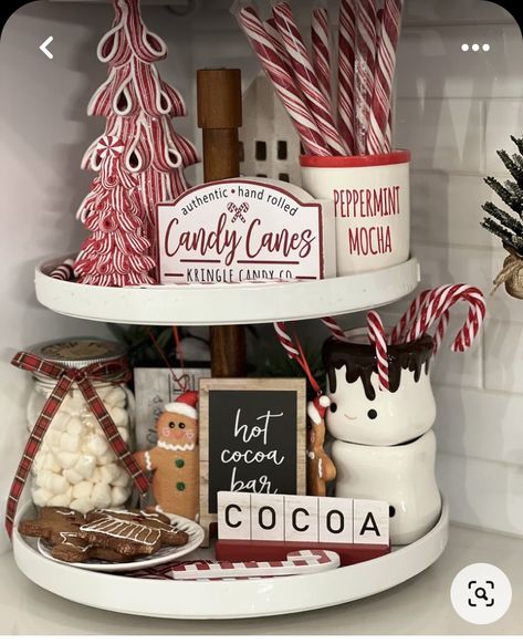 Candy Cane Tiered Tray, Candy Cane Tiered Tray Decor, Hot Cocoa Tiered Tray Decor, Living Room Ideas Christmas, Hot Chocolate Tiered Tray, Living Room Country Style, Hot Chocolate Station Ideas, Room Ideas Christmas, Christmas Hot Chocolate Station