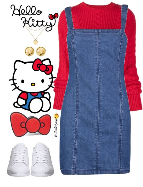 Cosplay Ideas With Glasses, Hello Kitty Halloween Costume Diy, Hello Kitty Cosplay Costumes, Halloween Coustomes Idea, Hello Kitty Costume Ideas, Halloween Costumes Hello Kitty, Diy Hello Kitty Costume, Sanrio Halloween Costume, Hello Kitty Outfit Ideas