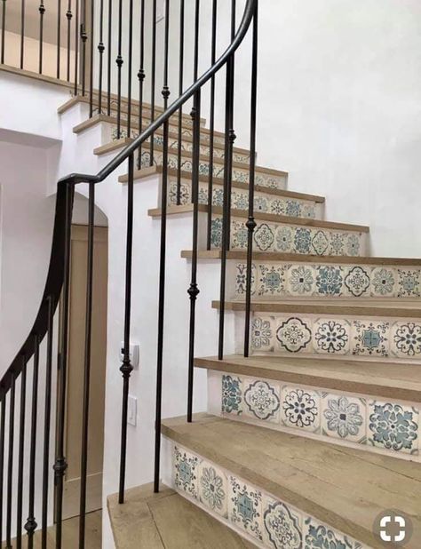 Pretty Sinks, Farmhouse Staircase Decor, Modern Farmhouse Staircase, Farmhouse Staircase, Farmhouse Stairs, Wrought Iron Stair Railing, Iron Stair Railing, Wrought Iron Stairs, Mediterranean Interior