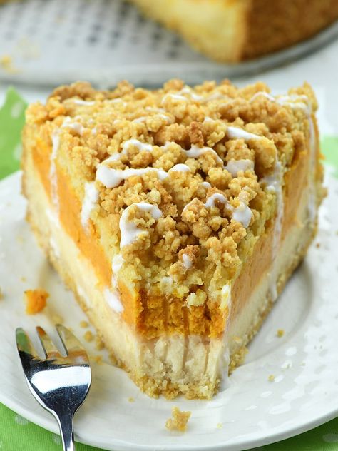 Pumpkin Cheesecake Crumb Cake on white plate with fork. Pumpkin Cheesecake Crumb Cake, Gf Pumpkin Pie, Streusel Pumpkin Pie, Cheesecake Crumb Cake, Cheesecake Crumble, Pumpkins Spice, Autumn Dishes, Cheesecakes Recipes, Pumpkin Cheesecakes