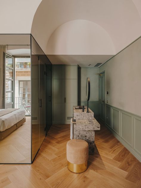 Palau Fugit: A Hotel in Girona, Spain, Animates its Historic Premises with Comtemporary Art & Design | Yatzer Dark Blue Painted Walls, Ideas Para Cuartos, Hotel Roma, Hotel Room Interior, Blue Painted Walls, Girona Spain, Small Swimming Pools, Minimalist Bar, Modern Extension