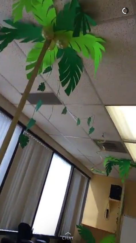 DIY Palm trees & vines for TYKTWD. Cut out palm tree leaves from green poster *board. Tree trunk made from gold streamer. Vines - leaves cut from green copy paper and green curling ribbon Classroom Palm Tree, Palm Tree Party Decorations, Palm Tree Classroom Decor, Paper Palm Tree Leaves, Diy Palm Tree Leaves, Paper Vines Diy, Diy Palm Tree Decorations, Diy Palm Trees, Diy Palm Leaves