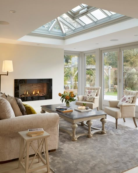 Open Plan Sitting Room, Orangery Sitting Room, Dining Room With Garden View, Orangery Extension Living Room, Sage Conservatory, Sitting Room Extension Ideas, Orangery With Fireplace, Open Plan Country Kitchen, Orangery Furniture Ideas