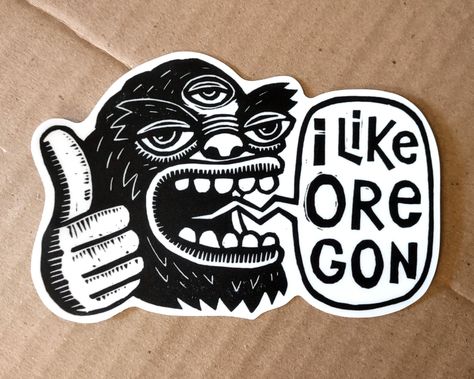 "Do you like Oregon? Hey, so does this weird Bigfoot!  This is a 4.75\"x3.25\" durable matte finish vinyl decal sticker, derived from a linocut illustration by me, Riley Sophia! Check out the block print here: https://www.etsy.com/listing/1460191005/linocut-print-i-like-oregon-sasquatch" Sassy The Sasquatch, Bigfoot Illustration, Linocut Illustration, Monkey Design, Business Card Design Creative, Shirt Design Inspiration, Great Tattoos, Marker Art, Cool Stickers