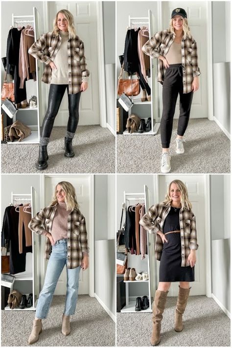 Styling A Shacket, How To Style A Flannel, Style A Shacket, Styling A Flannel, Style Inspo Winter, Shacket Outfit Women, Mom Jeans Outfit Winter, Mom Fits, Thrifty Fashion