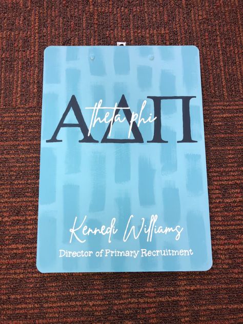 Pi Chi Clipboard, Sorority Clipboard Ideas, Recruitment Video, Clipboard Decorating, Big Little Canvas, Recruitment Ideas, Resident Assistant, Pi Phi, Alpha Delta Pi