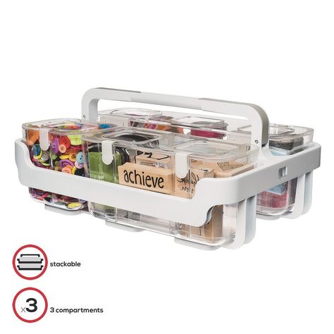 Embrace efficient organization with this versatile storage solution designed for life on the go. Featuring three clear containers in small, medium, and large sizes, this caddy organizer ensures that you can keep your supplies neatly stored and easily accessible. Each container comes equipped with removable hinged, snap-tight lids that secure your items while offering the option for quick access when needed. The ingenious lift and lock mechanism allows for easy stacking, maximizing your storage c Clear Containers, Caddy Organizer, Clear Container, Tidy Up, Craft Fair, Storage Solution, Craft Fairs, Hinges, Storage Solutions