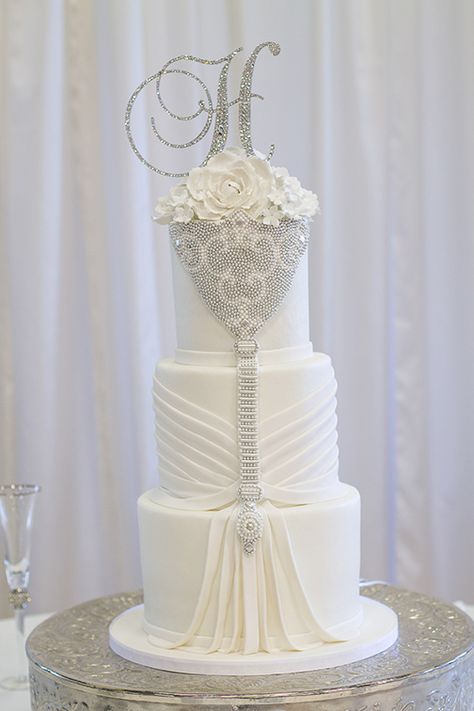 Fondant draped wedding cake by Kimbla's Cakes Super Torte, Bling Wedding Cakes, Torte Creative, Fancy Wedding Cakes, Extravagant Wedding Cakes, Jewel Encrusted, Torte Cupcake, Dream Wedding Cake, Floral Wedding Cakes