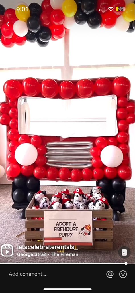 Fire Truck Party Centerpieces, Fire Truck Bday Party, Fireman’s Ball Decorations, Fireman 3rd Birthday Party, Rescue Birthday Party Ideas, Three Year Old Fire Truck Birthday, Fire Fighter Birthday Theme Cake, First Birthday Fire Truck Theme, Fire Truck Balloon Arch