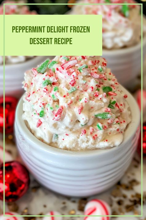 A refreshing Peppermint Delight frozen dessert; creamy and minty, perfect for summer or holiday celebrations. Peppermint Ice Cream Dessert, Delight Dessert Recipe, Delight Dessert, Peppermint Dessert, Peppermint Recipes, Peppermint Ice Cream, Parfait Desserts, British Desserts, Italian Recipes Dessert