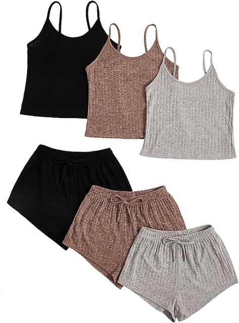 GORGLITTER Women's 3 Sets Ribbed Pajamas Set Sleeveless Crop Top and Tie Front Shorts Lounge Set Sleepwear Loungewear Shorts Sleepwear, Knit Lounge Set, Crop Cami Top, Plus Size Pajamas, Lace Cami Top, Crop Top And Shorts, Pajama Party, Cropped Cami, Cami Crop Top