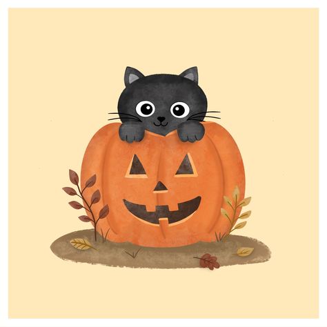 Cat In Pumpkin Drawing, Pumpkin Cat Drawing, Cat In A Pumpkin, Cat In Pumpkin, Pumpkin Kitty, Black Cat Illustration, Cat And Pumpkin, Whimsical Fall, Halloween Illustrations