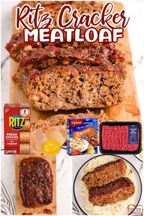 Ritz Cracker Meatloaf, Ritz Cracker Meatloaf Recipe, Meatloaf Recipe With Crackers, Onion Soup Meatloaf Recipe, Beef Meatloaf Recipes, Onion Soup Mix Recipe, Ritz Cracker Recipes, Dinner Noodles, Crockpot Meatloaf