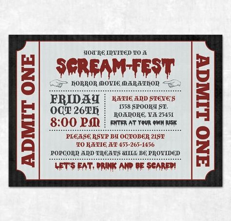 Scary Movie Marathon Horror Movie Themed Halloween Party, Horror Movies Theme Party, Horror Themed Birthday Party Invitations, Horror Movie Invitations, Horror Movie Party Invitations, Outdoor Horror Movie Night, Horror Themed Party Invitations, Scream Movie Marathon, Scream Movie Party Theme