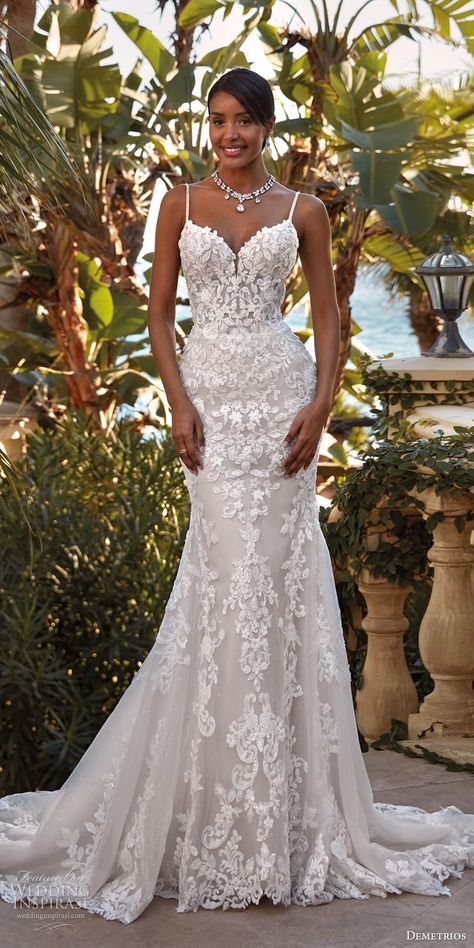 demetrios 2024 bridal sleeveless straps sweetheart neckline fully mbellished lace fit flare mermaid wedding dress scalloped cathedral train (8) lv -- Demetrios 2024 Wedding Dresses | Wedding Inspirasi  #wedding #weddings #bridal #weddingdress #weddingdresses #bride #fashion #label:Demetrios #week:392023 #year:2024 ~ Mermaid Wedding Dress With Spaghetti Straps, Vintage Lace Mermaid Wedding Dress, Mermaid Wedding Dress No Straps, Lace Mermaid Wedding Dress With Straps, Fitted Wedding Dresses Lace, Fitted Wedding Dresses With Train, Beachy Wedding Dress Mermaid, Formfitting Lace Wedding Dress, Wedding Dresses Snatched Waist