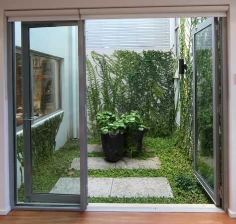 Small courtyard, soft and green. be inspired @ www.weststyle.com.au Tiny Homes With Courtyard, Small Courtyard Inside House, Tiny Indoor Courtyard, Tiny Internal Courtyard, Internal Courtyard With Stairs, Sectional Sofa Decor, Courtyard Design, Small Courtyards, Architectural House Plans