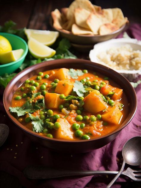 Hearty Indian Aloo Matar Curry Fresh Peas, Vegetarian Chili, Indian Curry, Red Chili Powder, Coriander Powder, Coriander Leaves, Russet Potatoes, Chapati, Authentic Indian