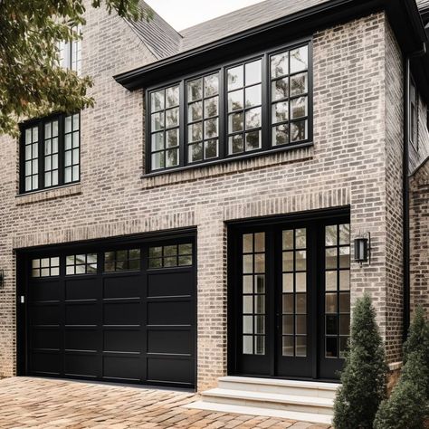 All About Garage Door Painting - Plank and Pillow Red Brick Black Garage Door, Black Garage Door With Windows, Black And Brick House Exterior, Garage Door Colours, Grey Brick House Exterior, Black Trim Exterior House, Outdoor House Colors, Grey Garage Doors, Grey Brick Houses