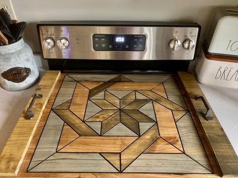 Wood Stove Covers, Table Top Wood Pattern, Wooden Wall Art Kitchen, Rustic Wooden Decor, Hide Breaker Box Ideas, Sellable Wood Projects, How To Paint A Barn Quilt, Stove Covers Wooden, Barn Quilt Patterns Meanings