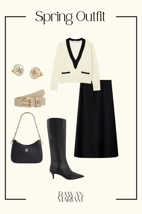 classy parisian style  black and white outfit, combo of white v neck sweater, black shoulder bag, white belt , satin midi skirt  and black knee high boots, perfect for work, brunch and the city. modest outfit, old money, it girl Parisian Style Black, Satin Skirt Outfit Classy, Black Satin Skirt Outfit, Quiet Luxury Outfit, Classy Parisian Style, White V Neck Sweater, Outfit Old Money, Black Satin Skirt, Satin Skirt Outfit