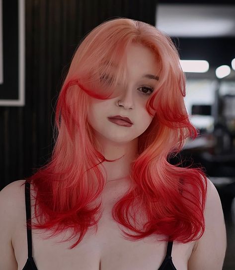 Alejandro lopez | WHITE PEACH i mean this hair came out so HOT 🔥im truly obsessed with this look ! She had never been to a hairdresser just had done her… | Instagram Coral Hair Color, Colored Bangs, Cute Medium Length Hairstyles, Vibrant Red Hair, Coral Hair, Red Ombre Hair, Pravana Vivids, Dip Dye Hair, Vivid Hair Color