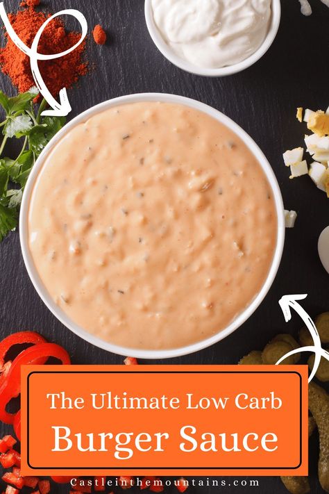 Tangy Low Carb Burger Sauce Recipe - Takes burgers to the next level. Low Carb Burger Ideas, Low Calorie Burger Recipes, Low Calorie Burger Sauce, Low Carb Smash Burger Taco, Keto Burger Recipes Lettuce Wraps, Chicken Burger Sauce, Southwest Burger, Burger Sauces Recipe, Wraps Recipes Healthy