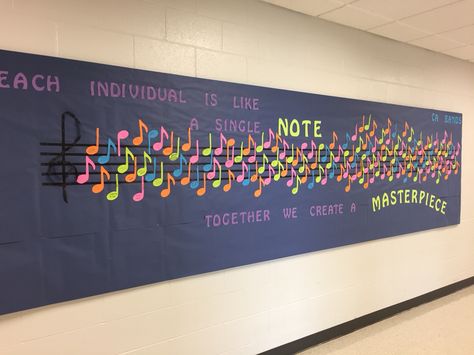 My take on a bulletin board for Music. The names are our band students grade 6-12 b Band Bulletin Boards, Orchestra Bulletin Boards, Music School Bulletin Boards, Art And Music Bulletin Board, Middle School Music Bulletin Boards, Music Room Storage, Music Exhibition, Music Advocacy Bulletin Boards, Elementary Music Classroom Decor Bulletin Boards