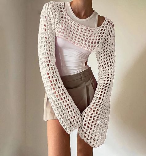 Women's Mesh Crochet Crop Tops Shrugs Sexy Y2k Hollow Out Cropped Knit Sweater See Through Bikini Cover Ups Knit Placemats, Knit Table Runner, Crochet Coachella, Knit Wall Hanging, Knit Coasters, Fishnet Sleeves, Knit Home Decor, Knit Baby Hats, Blankets Knit