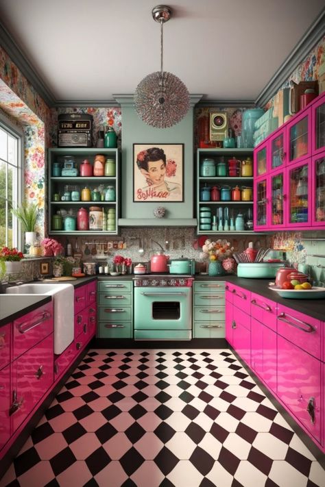 Retro-style kitchen with pink cabinets, mint green appliances, and black-and-white checkered floor. Cute Kitchen Wallpaper, Retro Apartment Decor Eclectic, Vintage Boho Kitchen, Cute Kitchen Themes, Retro Kitchen Ideas, Colorful Eclectic Kitchen, Unique Decorating Ideas, Vintage House Interior, Eclectic Interior Design Vintage