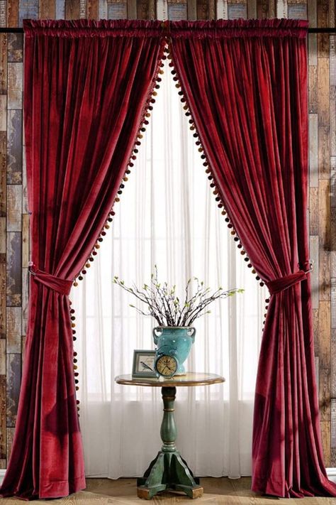 Vintage Luxury Bedroom, Red Drapes Living Room, Red Curtains Living Room, Living Room Patio Doors, Curtains For Closet Doors, Curtain Pelmet, Living Room Designs India, Doors Vintage, Red Drapes