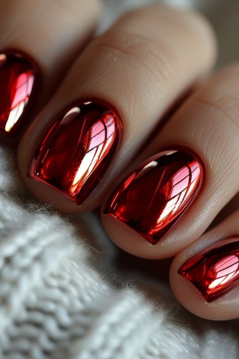 Red Chrome Nails Red Metalic Nails Ideas, Red And Black Chrome Nails Designs, Unique Nail Color Ideas, Pink And Red Chrome Nails, Red Designs Nails, Red Chrome Nails Designs Valentines, Red Iridescent Nails, Chrome Red Nails Designs, Best Chrome Nails