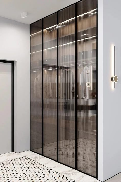 Wardrobe With Frosted Glass Doors, Small Glass Wardrobe, Glass Doors Wardrobe, Glass Partition Wall Bedroom, Fluted Glass Wardrobe Shutters, Sliding Glass Wardrobe Design, Black Tinted Glass Wardrobe, Glass Wardrobe Design Bedroom, Glass Shutter Wardrobe