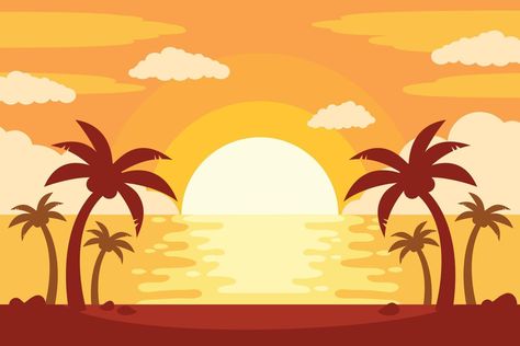 Colorful sunset on the tropical island. Beautiful ocean beach with palms illustration, Cartoon flat panoramic landscape, sunset with the palms on colorful background Cartoon Sunset, Palms Illustration, Sunset Cartoon, Island Cartoon Background, Sunset Sea Illustration, Beach Vector Art, Sunset Vector Art, Sun Ideas, Sunrise Vector Illustrations