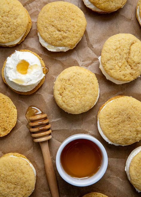 Cornbread Sandwich Cookies are my Crumbl copycat cornbread cookies with a creamy, honey-infused frosting between two of them. Cornbread Sandwich, Cornbread Cookies, Ooey Gooey Butter Cookies, Easy Homemade Noodles, Butter Pecan Fudge, Cinnamon Scones Recipe, Pastry Recipes Dessert, Homemade Scalloped Potatoes, Cinnamon Swirl Banana Bread